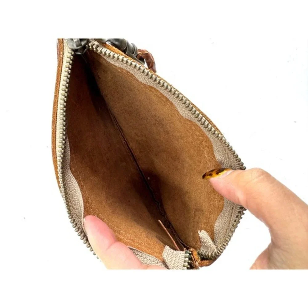 Will Leather Goods‎ Brown Leather Wristlet Pouch Braided Strap Small Clutch Bag
